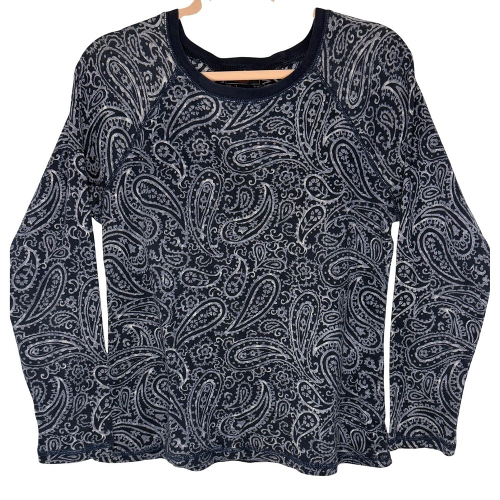 Chaps Denim Top Womens Large Navy Blue Paisley Print Cotton Raglan Long Sleeve